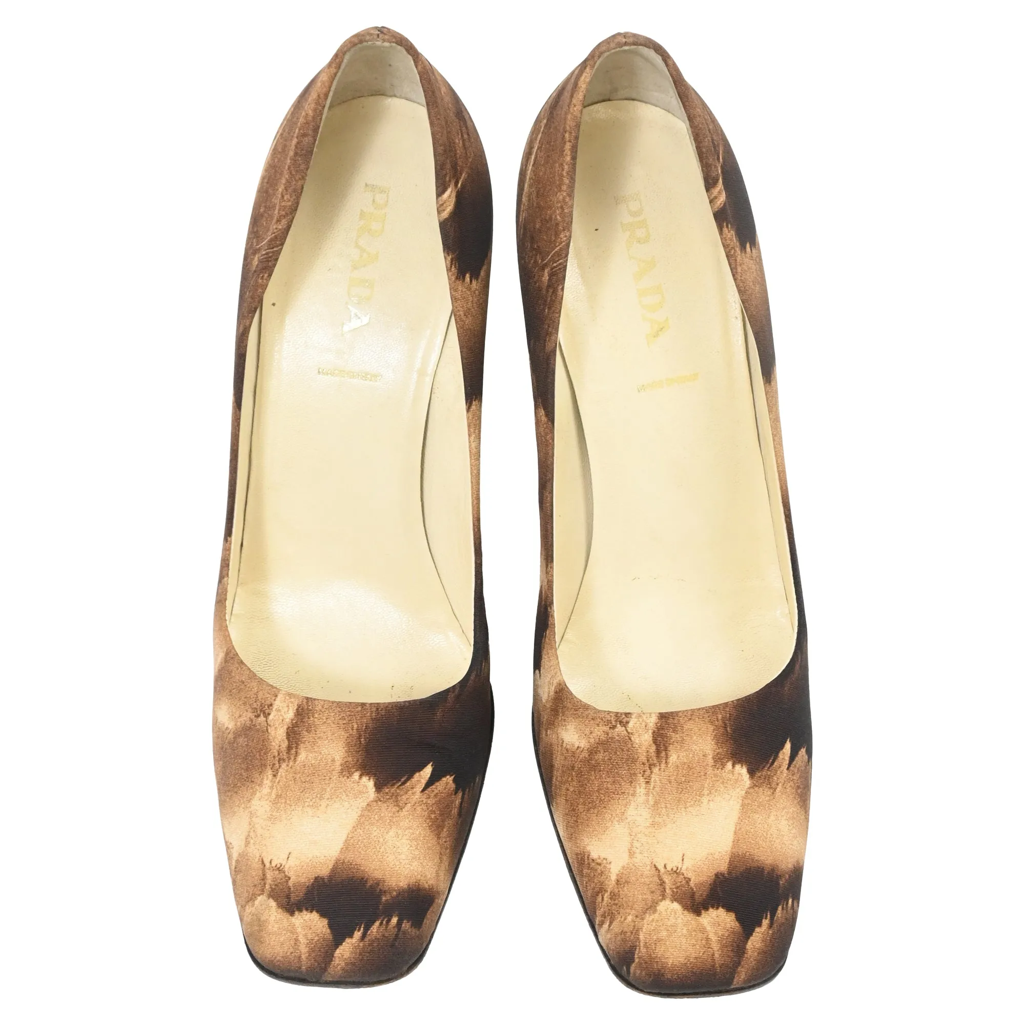 Prada Printed Block-Heel Pumps in Brown Satin