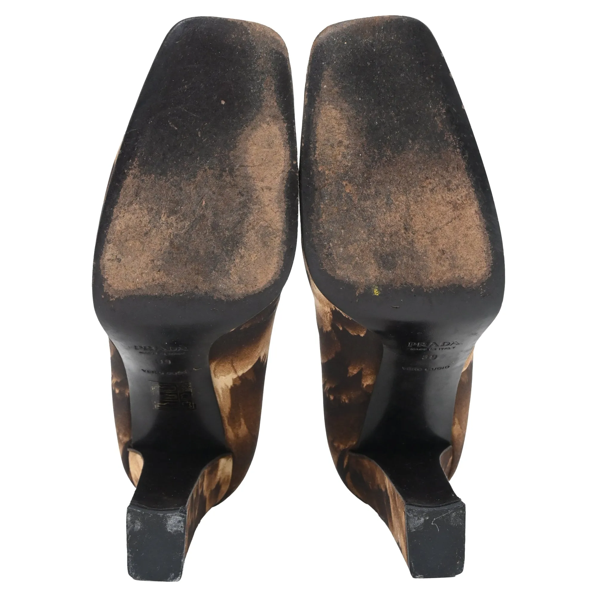 Prada Printed Block-Heel Pumps in Brown Satin