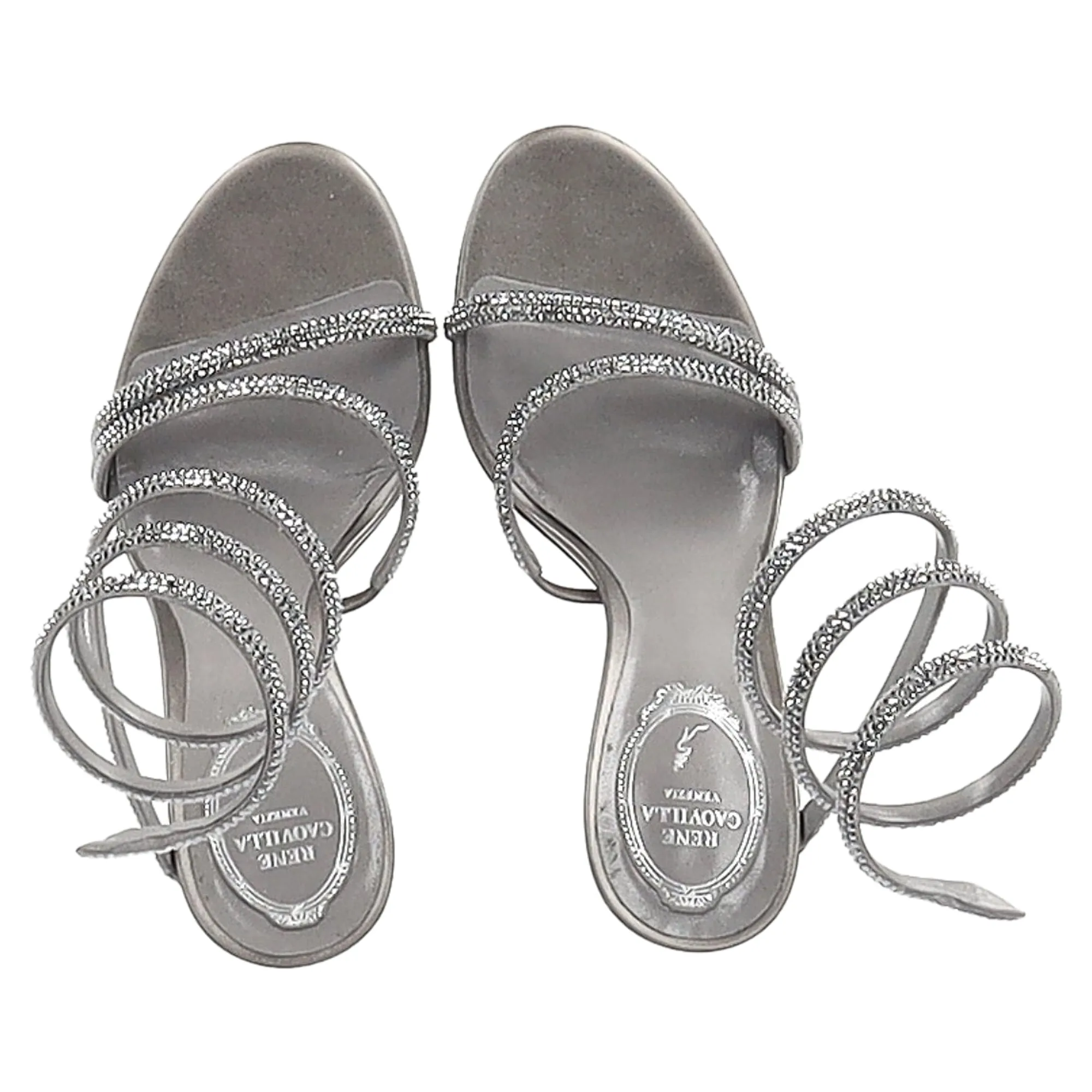 Ren Caovilla Margot Strappy High-Heeled Sandals in Silver Calf Leather