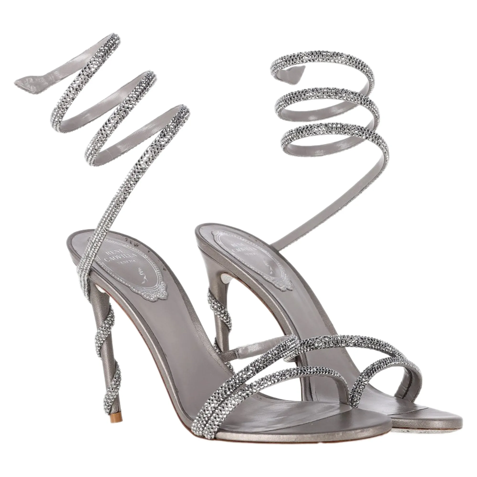Ren Caovilla Margot Strappy High-Heeled Sandals in Silver Calf Leather