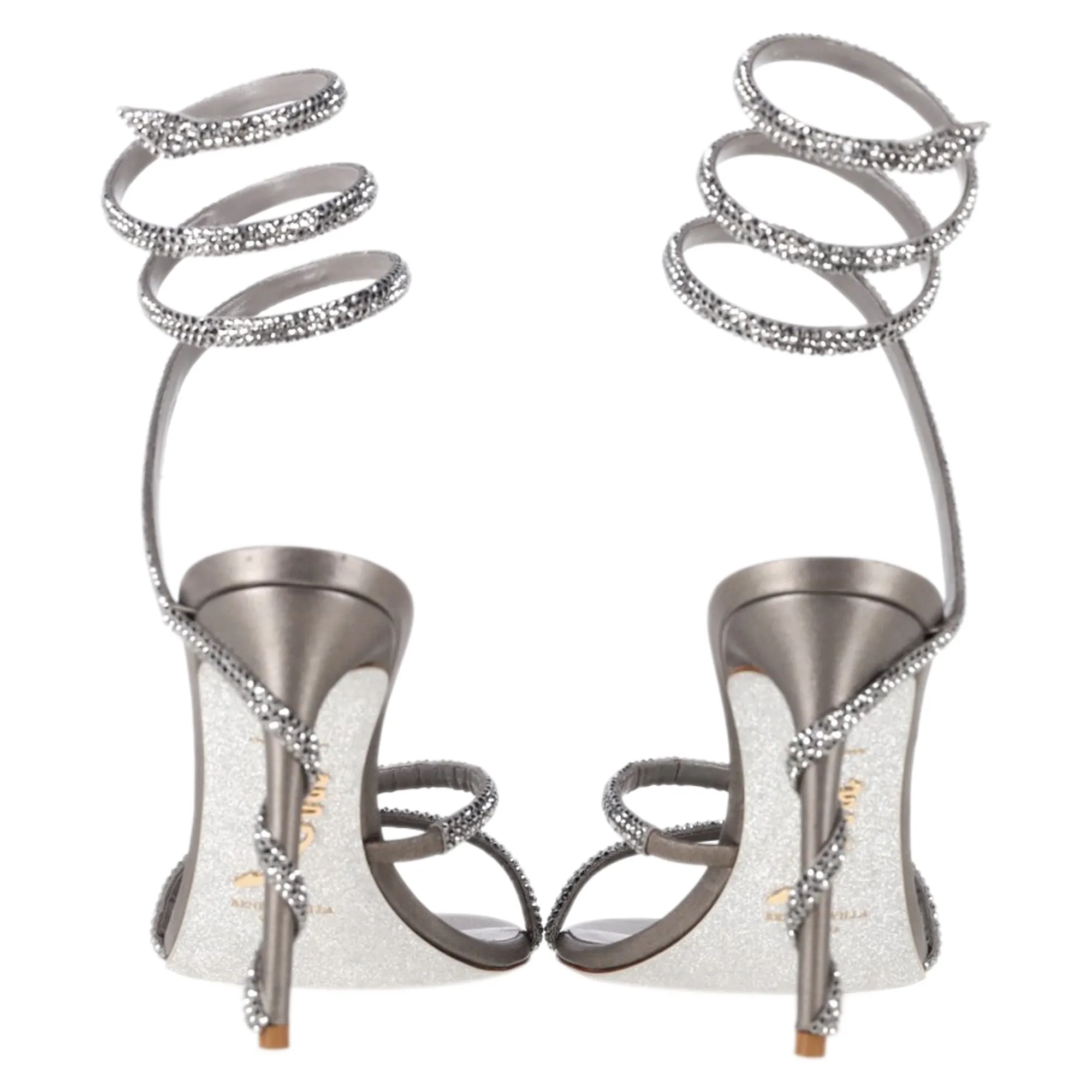 Ren Caovilla Margot Strappy High-Heeled Sandals in Silver Calf Leather