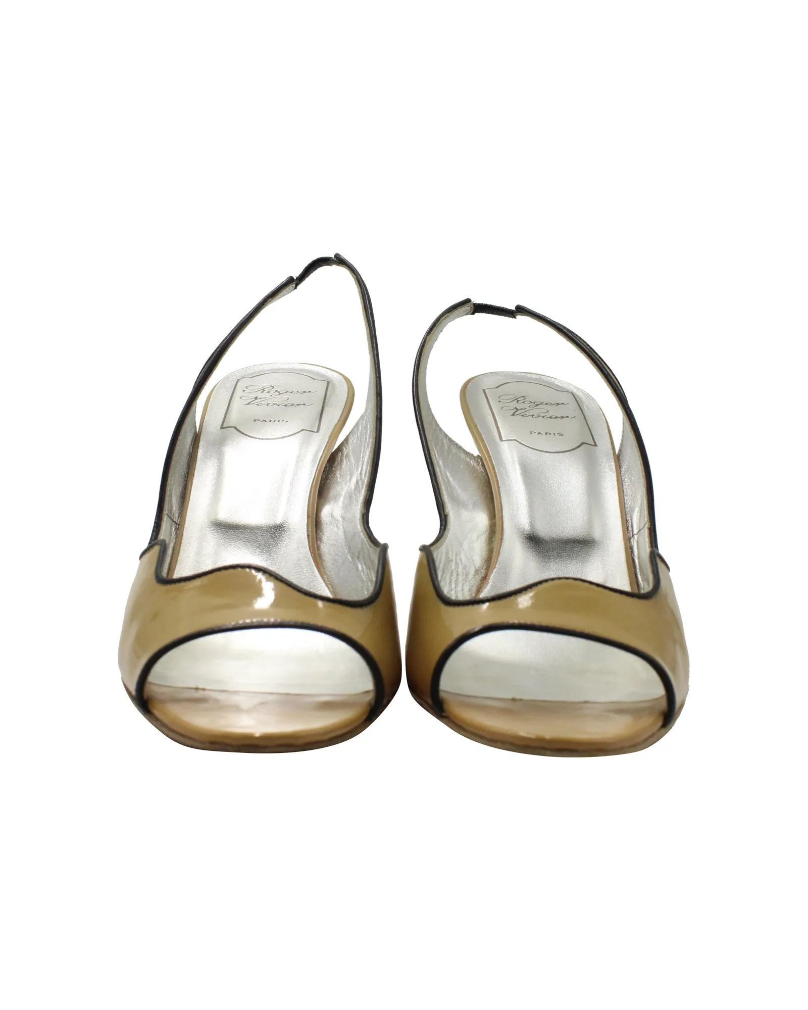 Roger Viver Wavy Peep-Toe Slingback Sandals in Camel Patent Leather