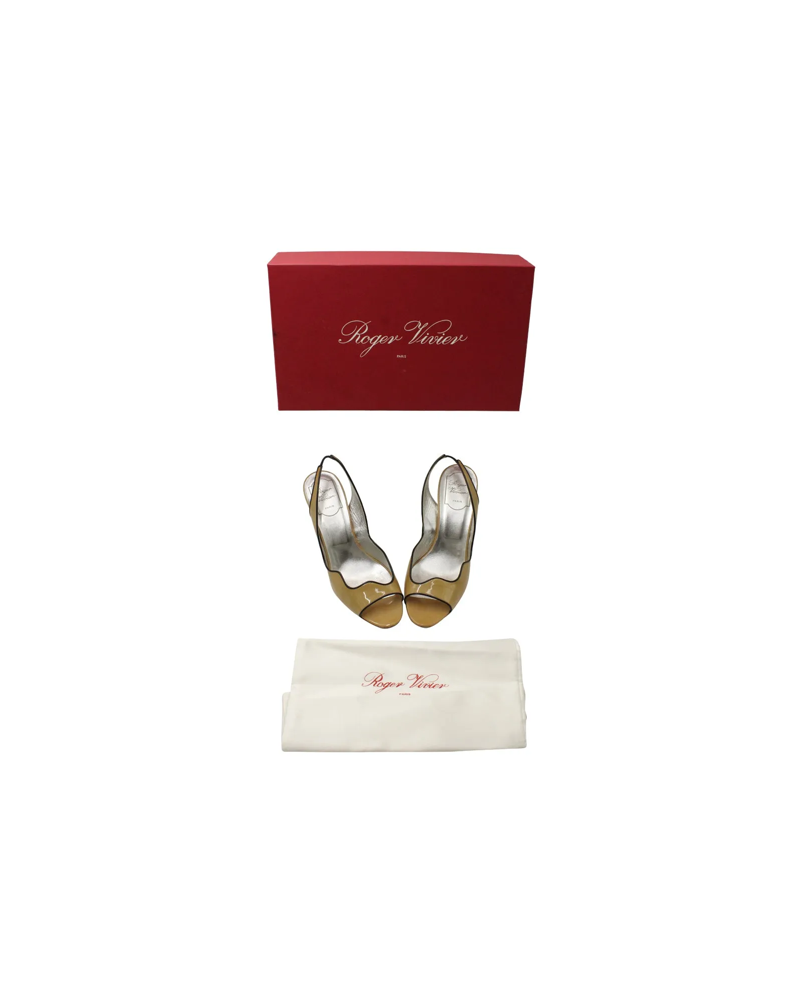 Roger Viver Wavy Peep-Toe Slingback Sandals in Camel Patent Leather