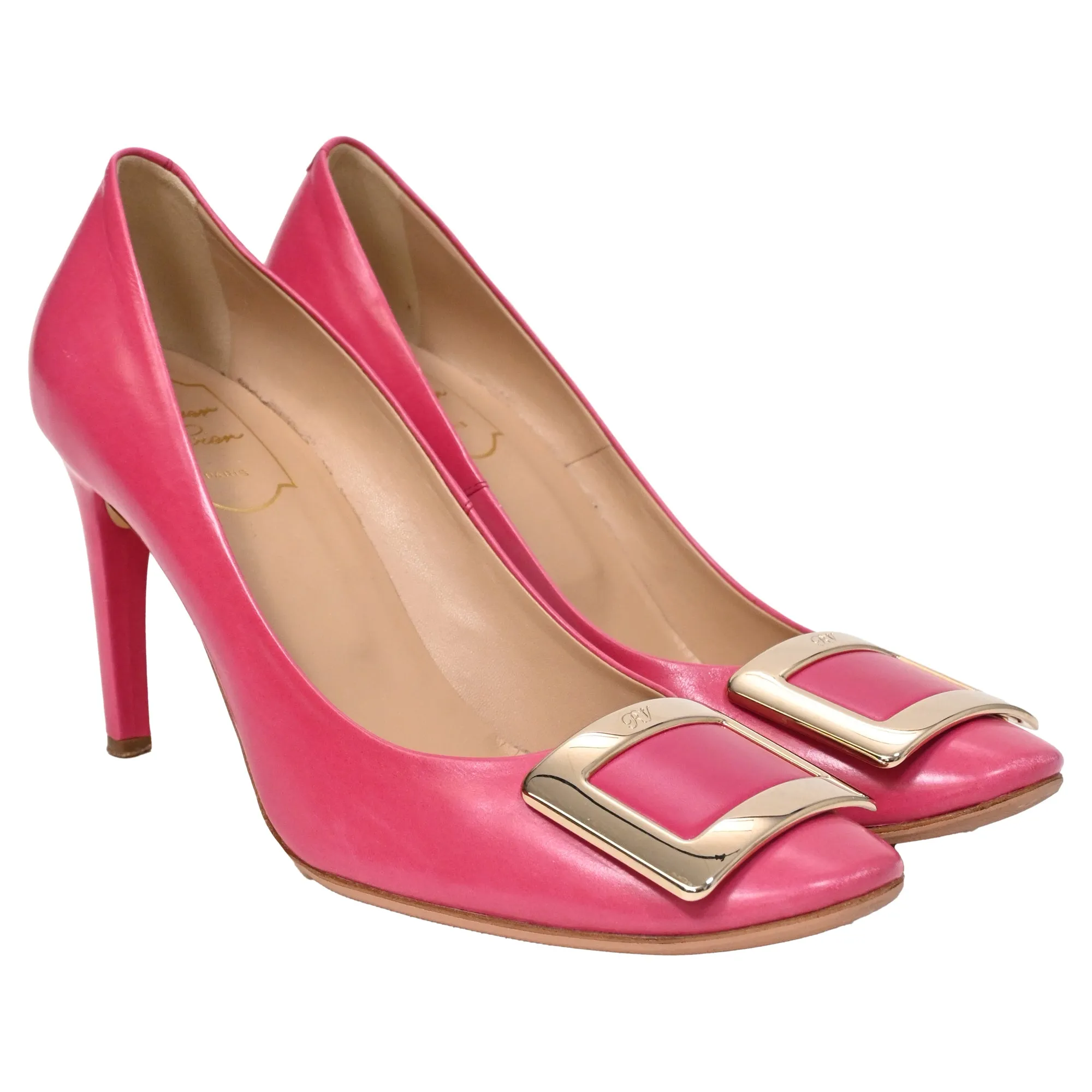 Roger Vivier Trompette Buckle Detail Pumps in Pink Calfskin Leather
