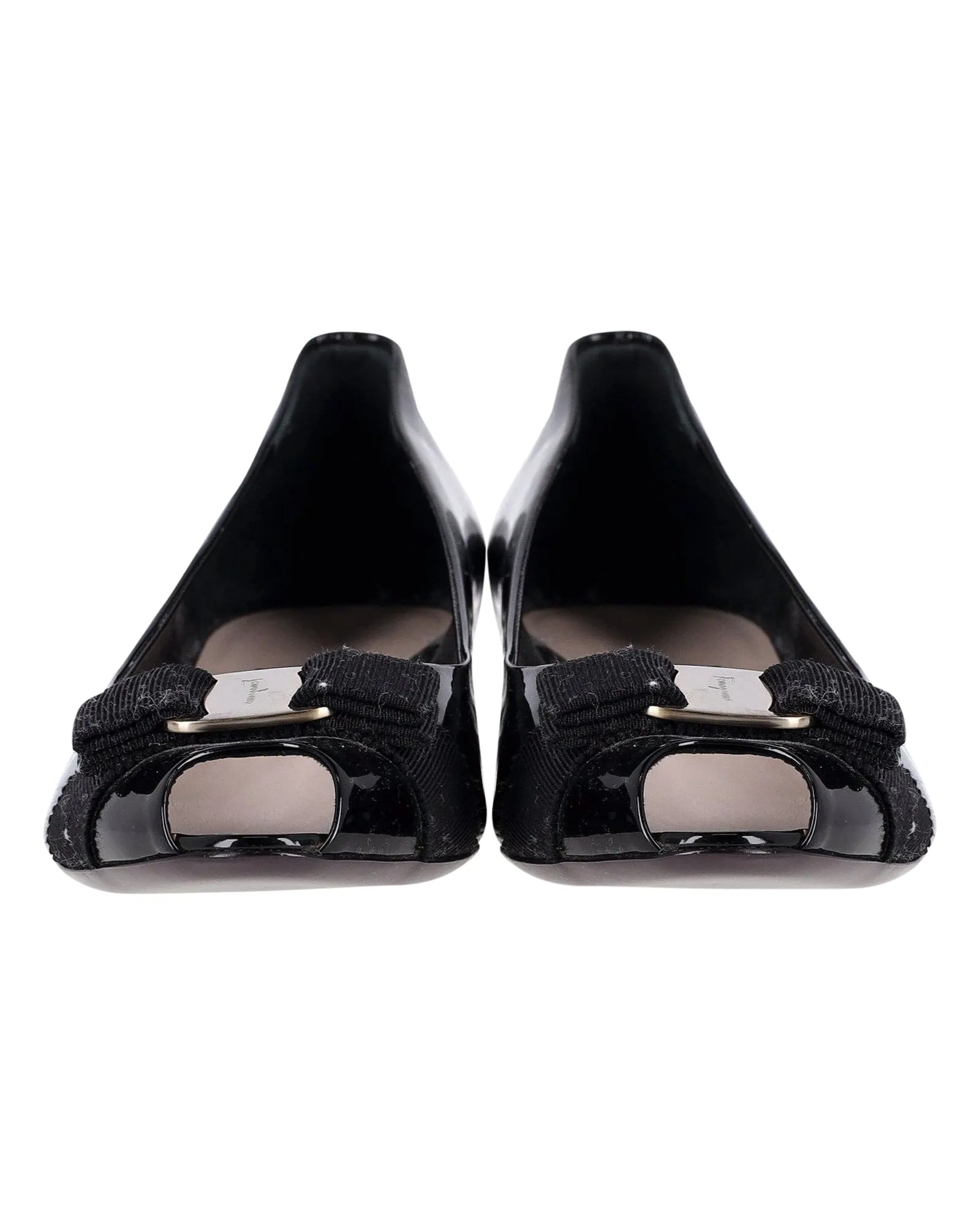 Salvatore Ferragamo Vara Bow Peep-Toe Pumps in Black Patent Leather