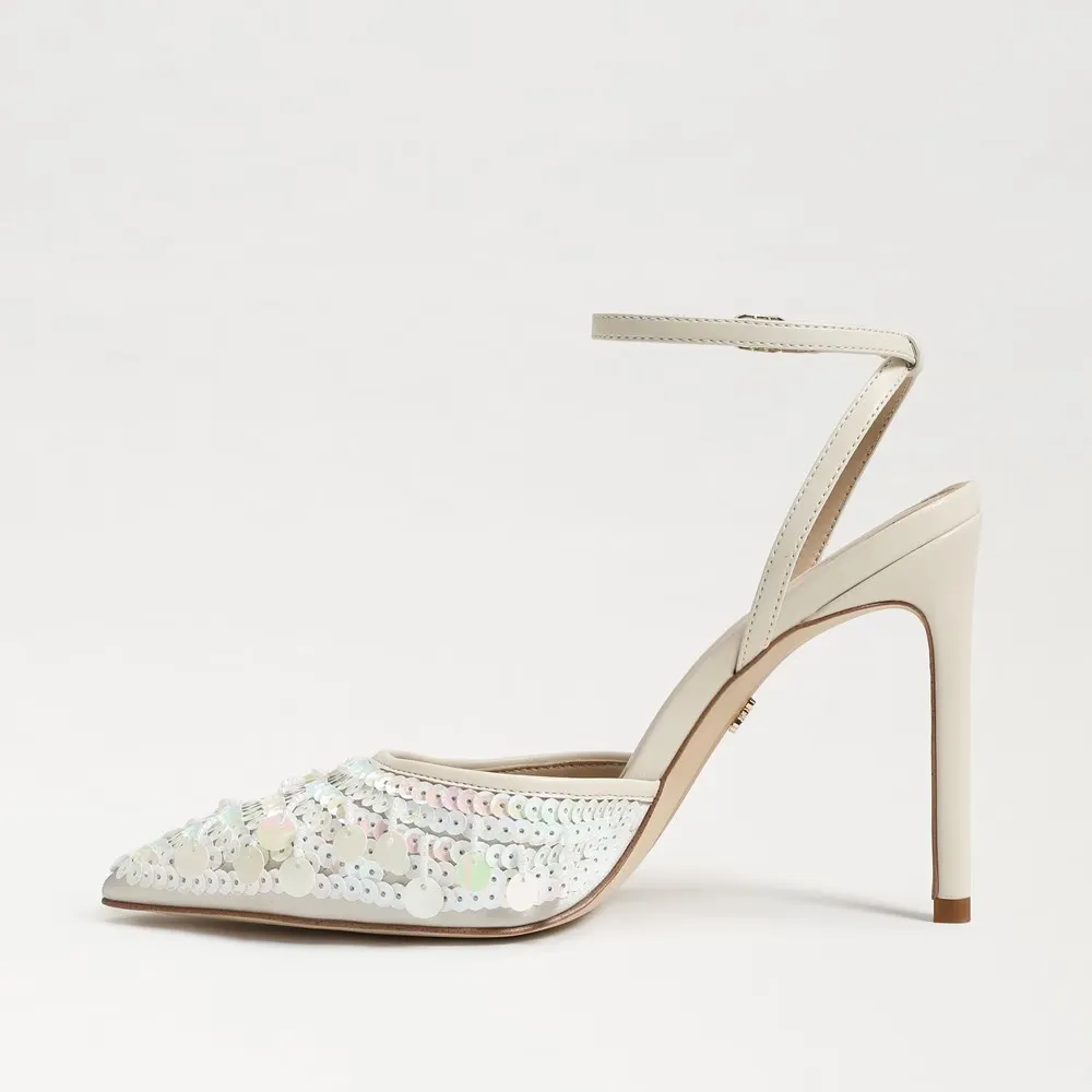 Sam Edelman Avril Pump Womens US 6 Ivory Sequin Ankle Strap Stiletto Heel KHD650