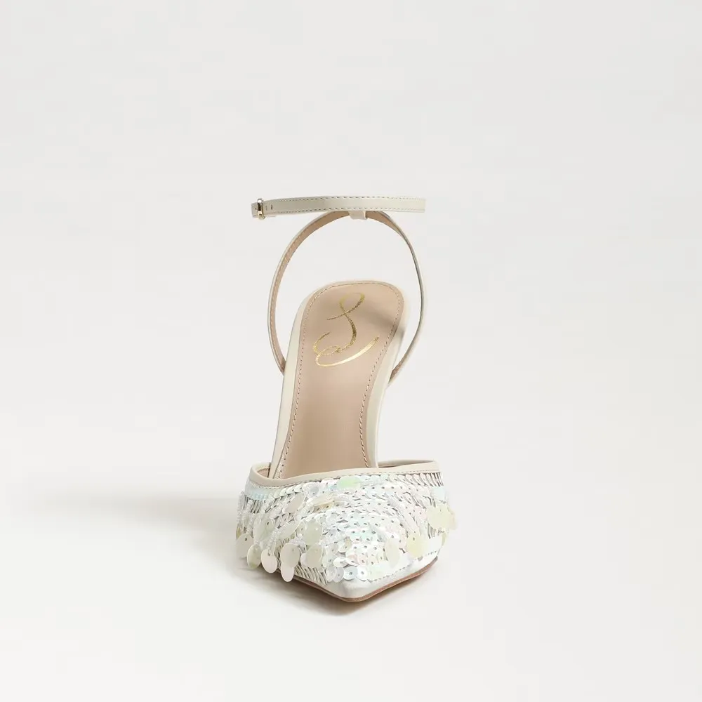Sam Edelman Avril Pump Womens US 6 Ivory Sequin Ankle Strap Stiletto Heel KHD650