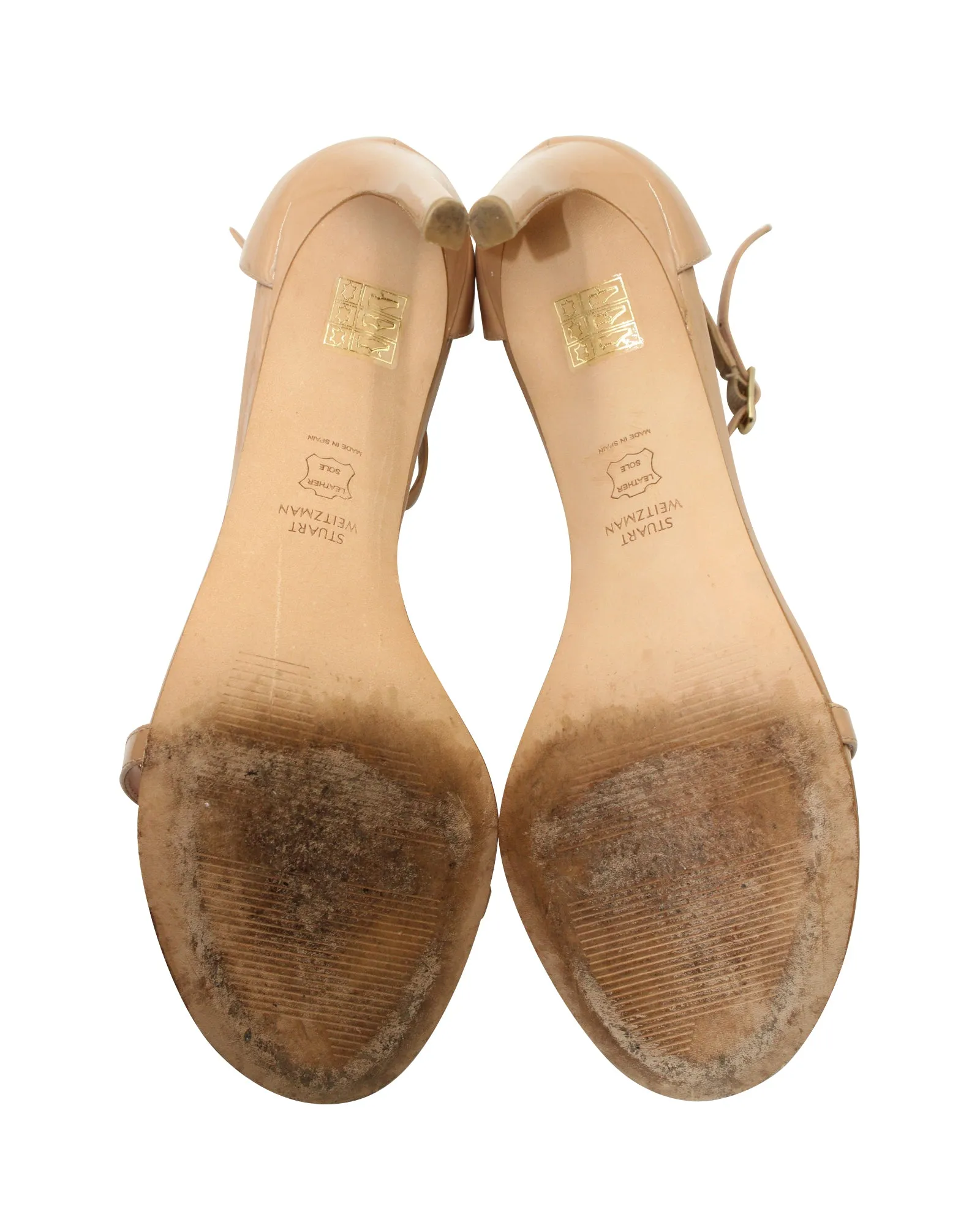 Stuart Weitzman Nudist High-Heel Sandals in Beige Patent Leather