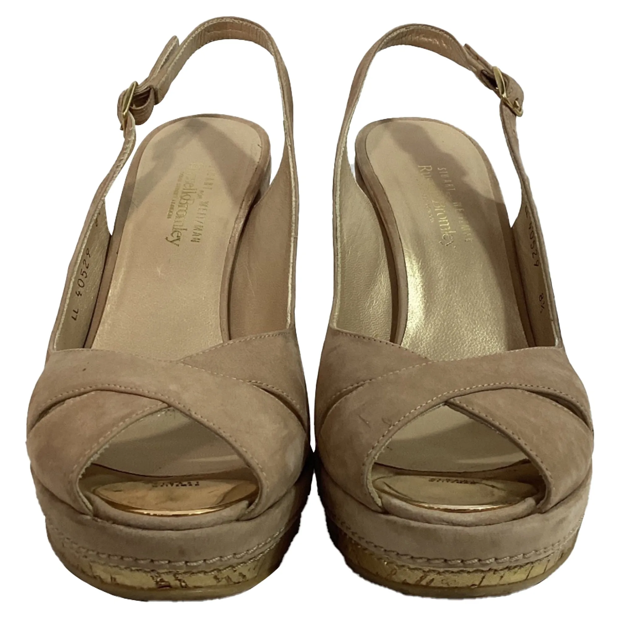 Stuart Weitzman Peep-Toe Slingback Wedge Pumps in Brown Suede