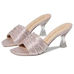 Stuart Weitzman Ruche 75 Slide Sandal Womens 9 Poudre Leather Spool Heels FZP292 (Poudre,9)