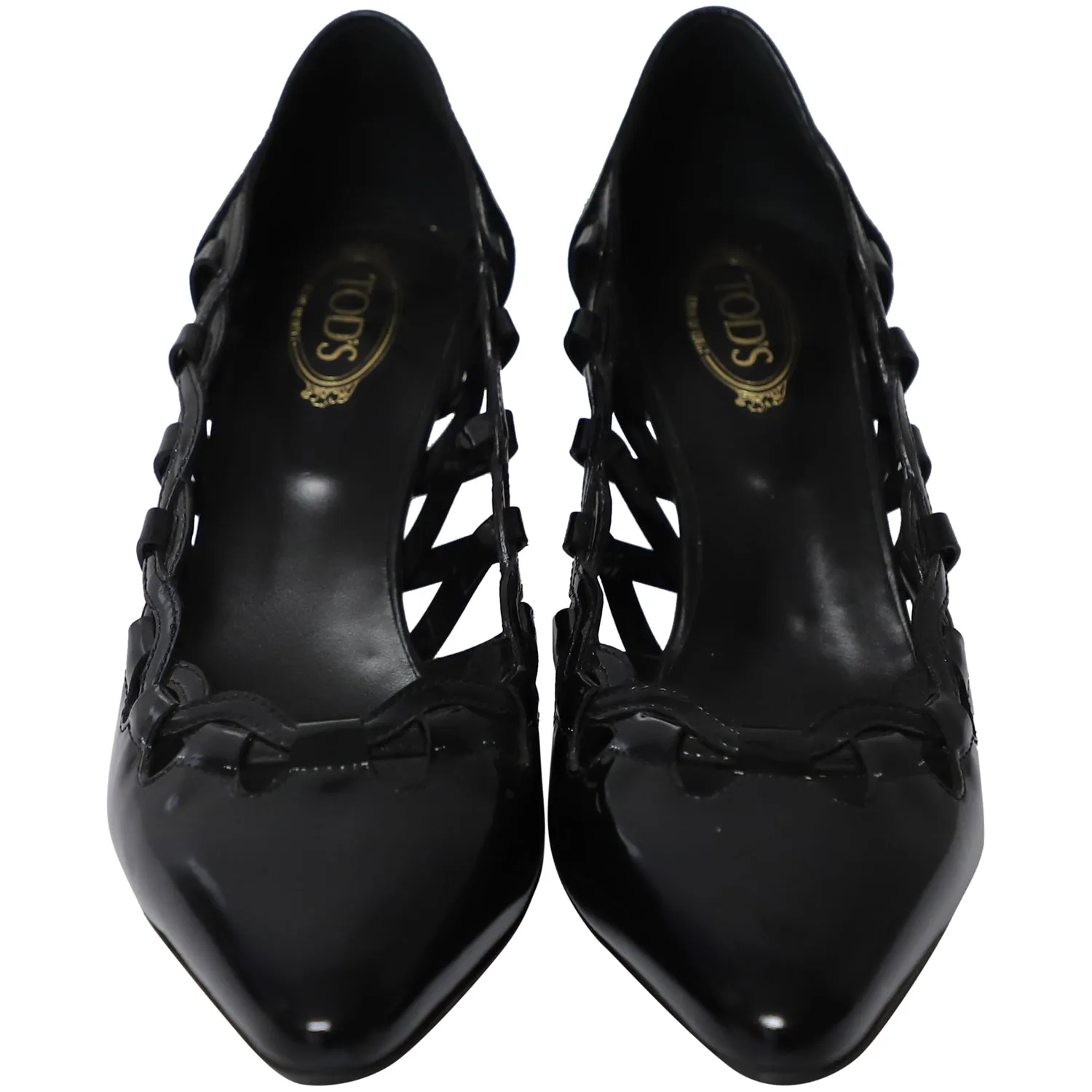 Tod's Cutout Pointed Heels in Black Patent Leather