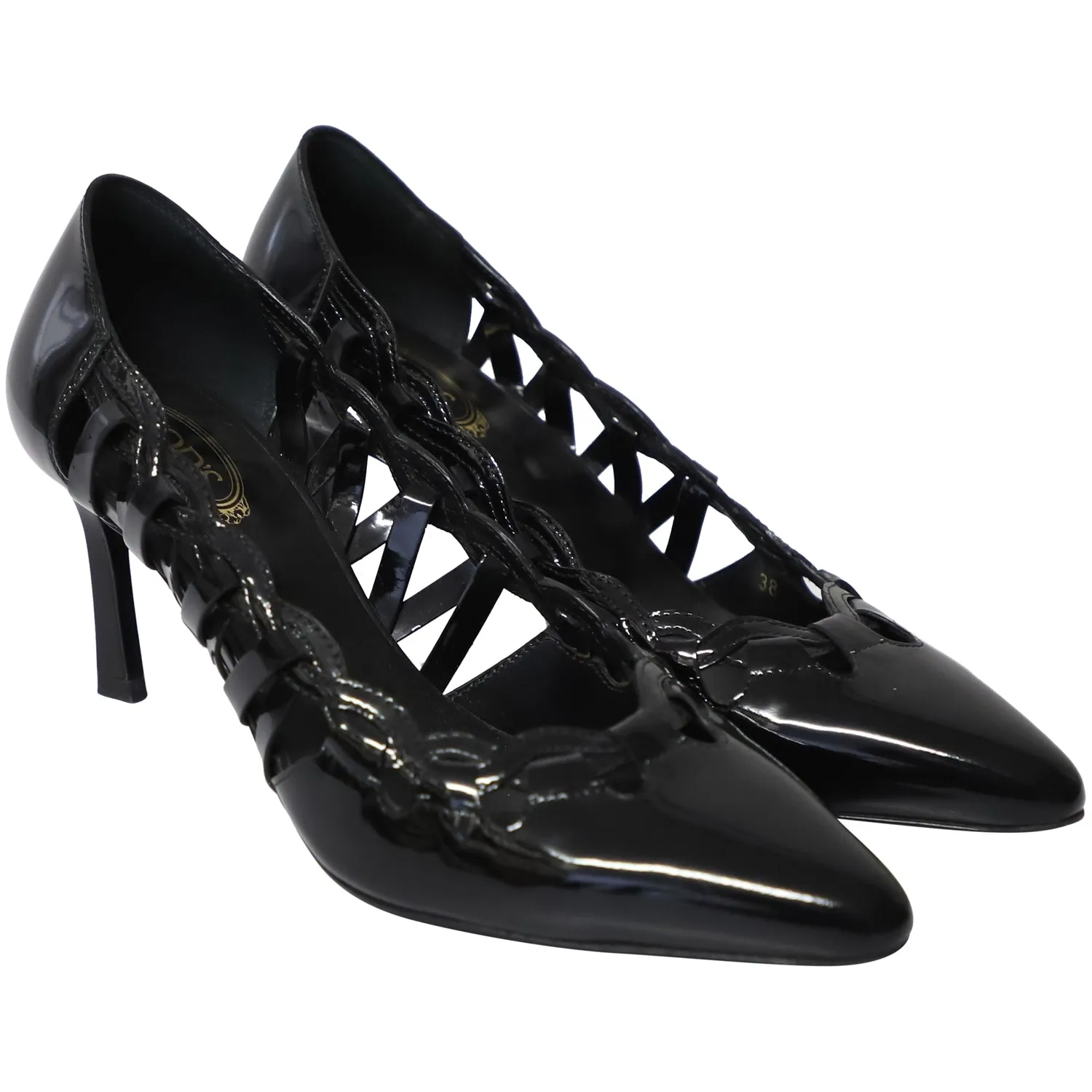 Tod's Cutout Pointed Heels in Black Patent Leather