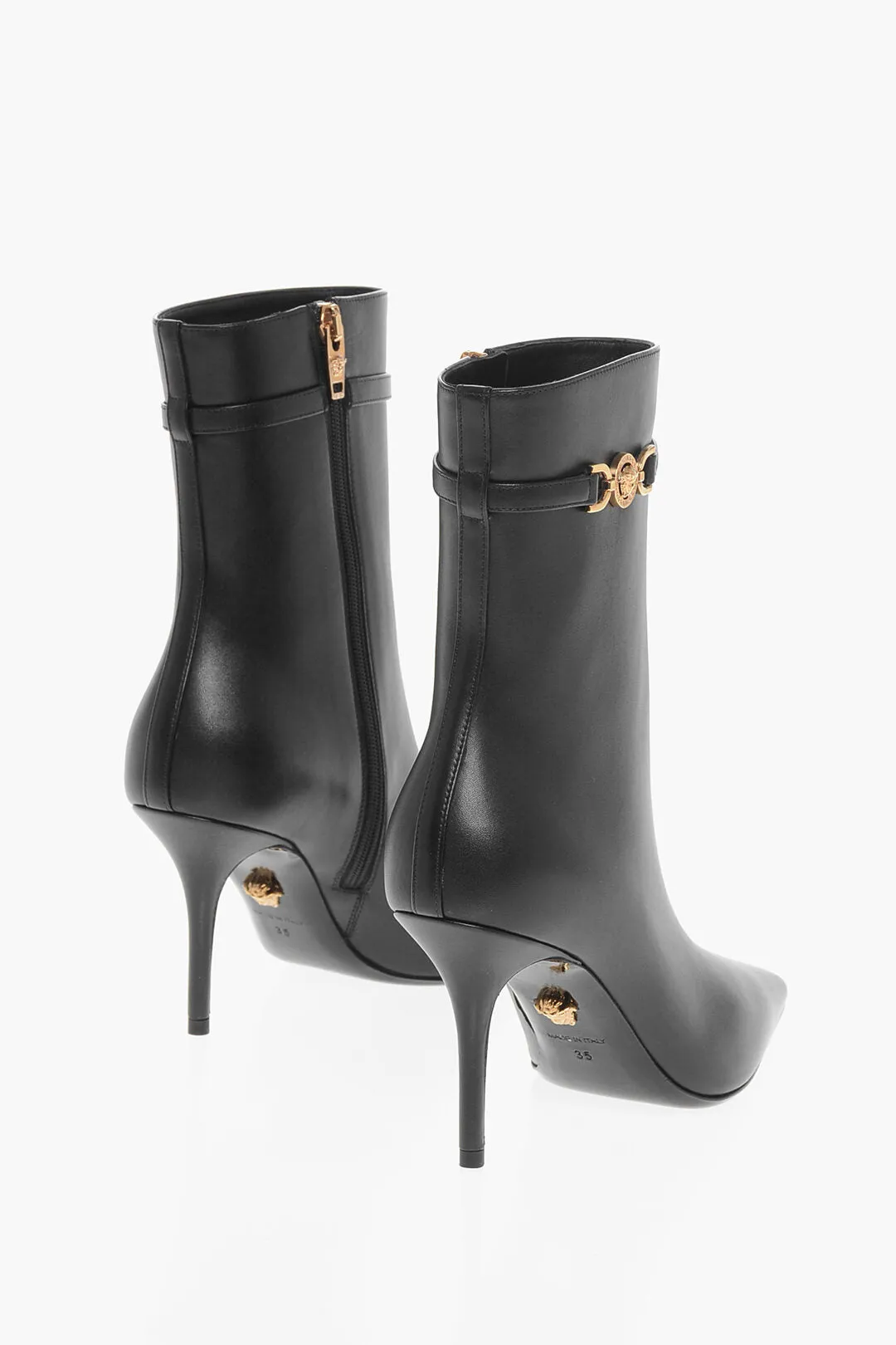 Versace Leather Booties With Logoed Strap And Stiletto Heel 9Cm