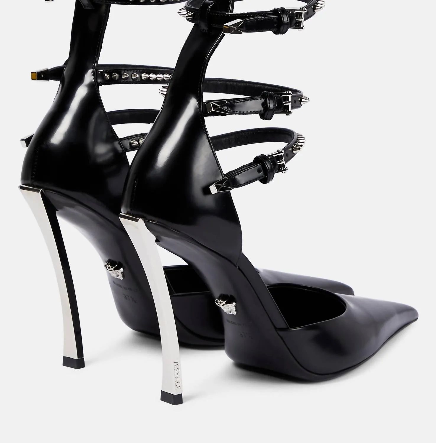 Women Pin Point Leather Ankle Strap Pumps In Black