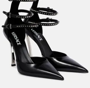 Women Pin Point Leather Ankle Strap Pumps In Black