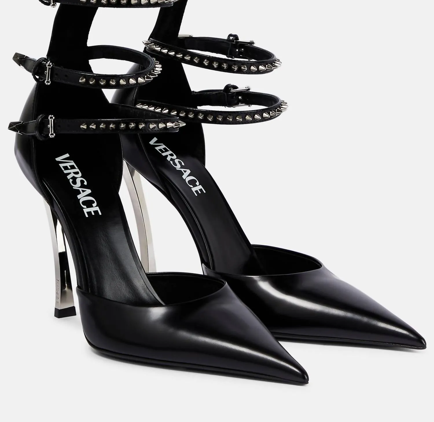 Women Pin Point Leather Ankle Strap Pumps In Black