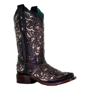 Women's Embroidered With Studs Honey Square Toe Boots In Black/multi