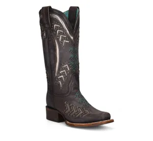 Women's Laser Embroidered With Studs Square Toe Boot In Grey