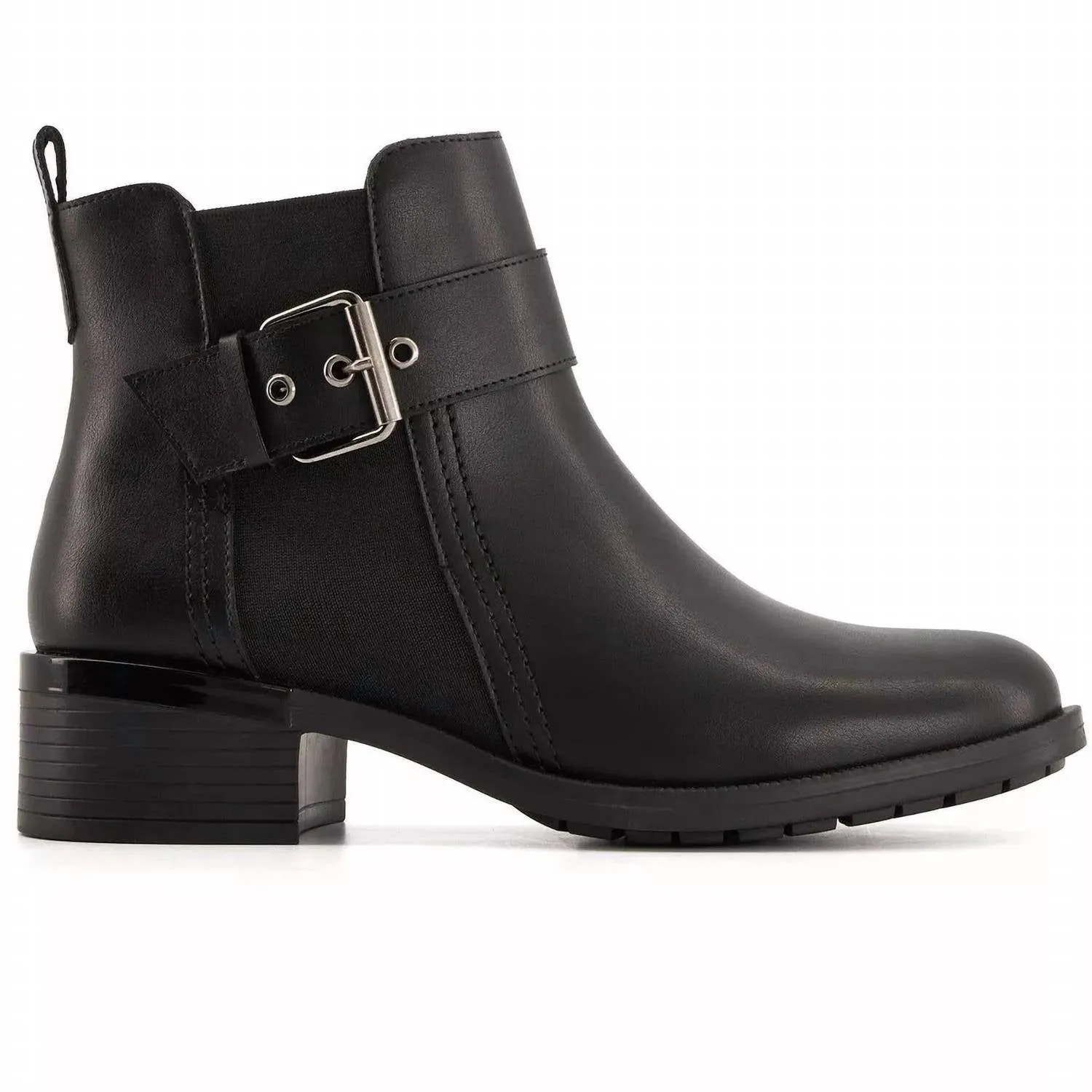 Women's Leather Booties With Elastic Side And Buckle In Black